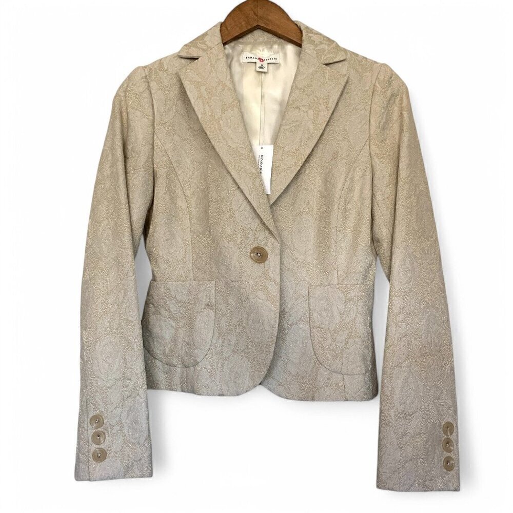 Banana Republic Cropped Blazer Cream Floral Wool Blend Jacquard Size 4 NWT